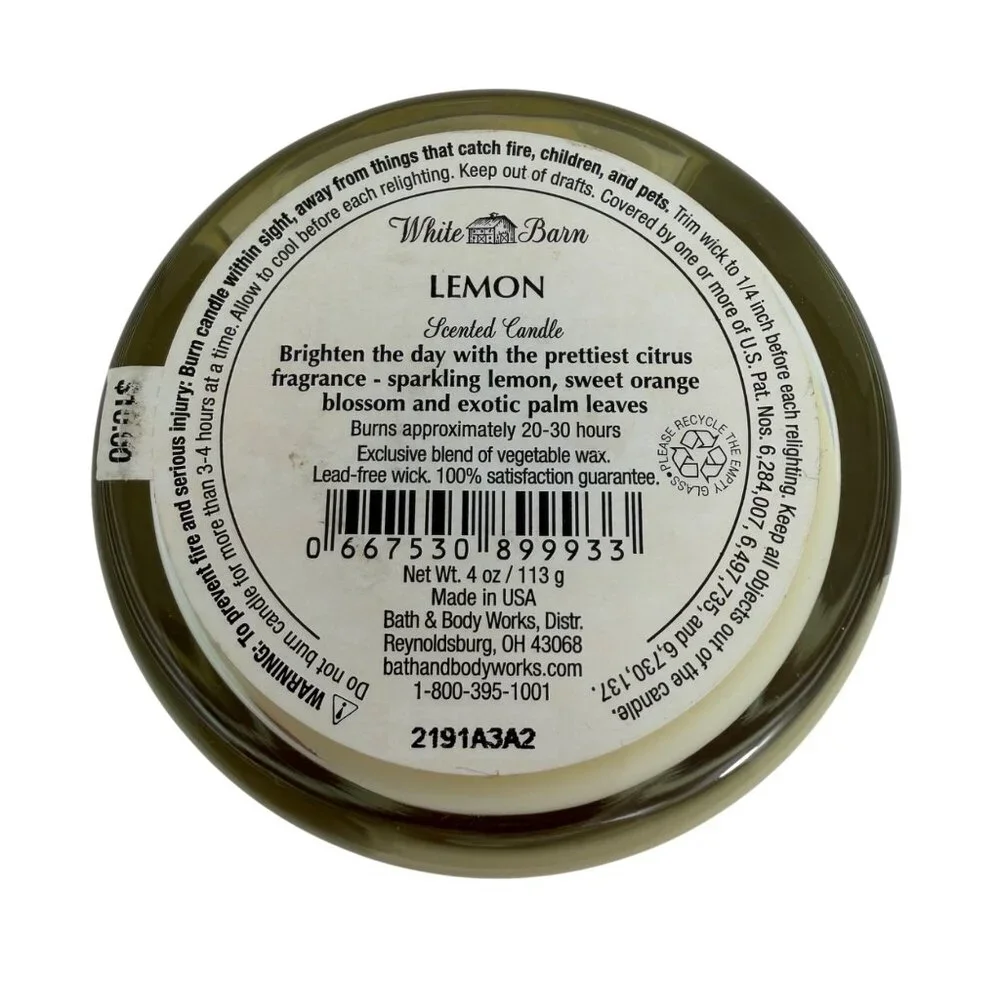 Bath & Body Works - Lemon Scented Candle 4 oz 1-Wick - White Barn - Unused - Picture 3 of 4